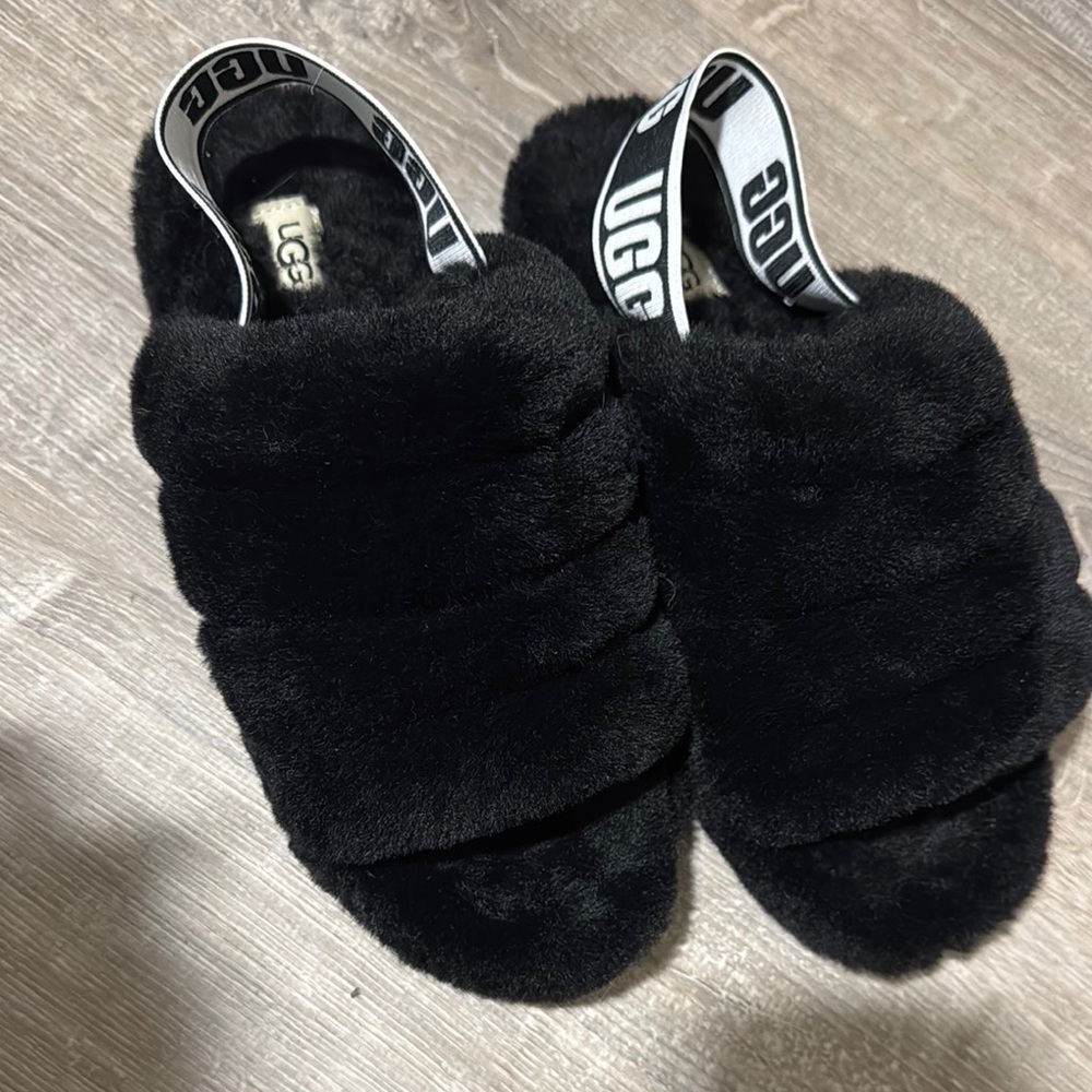 UGG Black Fluffy Slingback Slippers